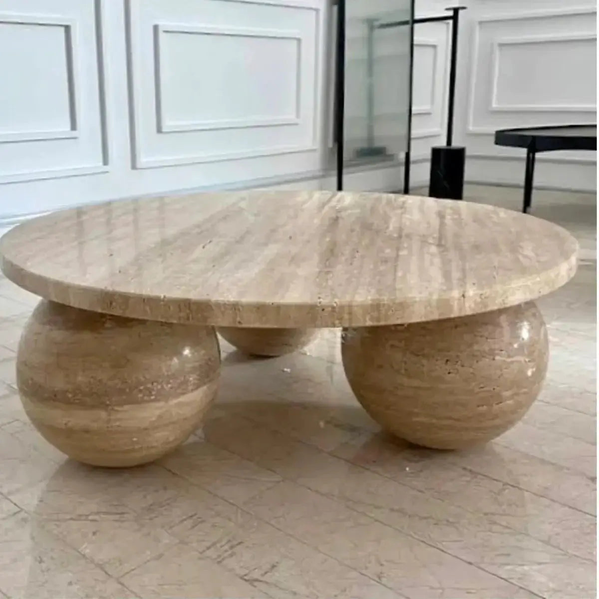 Light Travertine Designer Round Coffee Table with Sphere Legs by GobekDesign