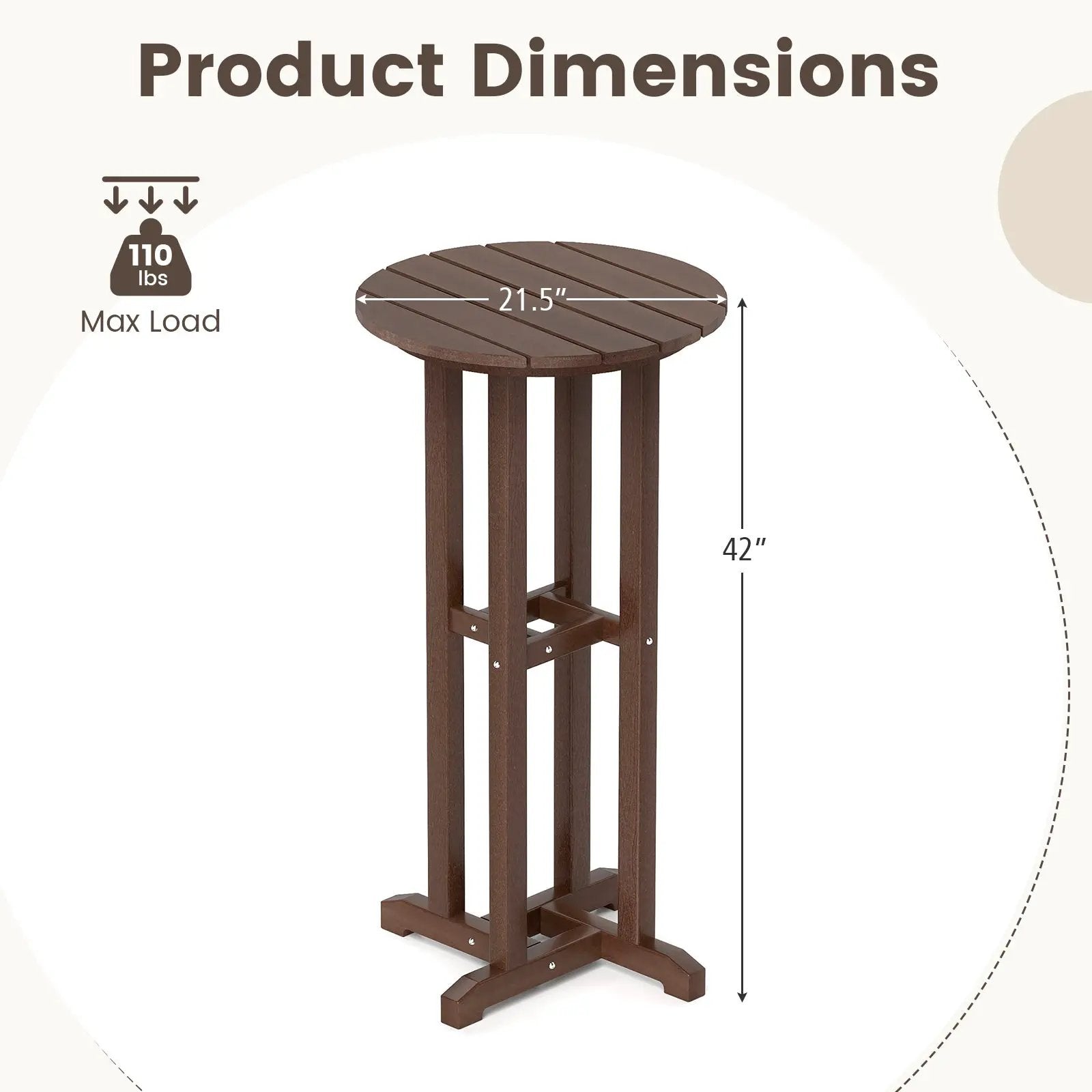 21.5 Inch Round Bar Table Patio HDPE Bar Height Dining Table with Slatted Tabletop by DirectDeals