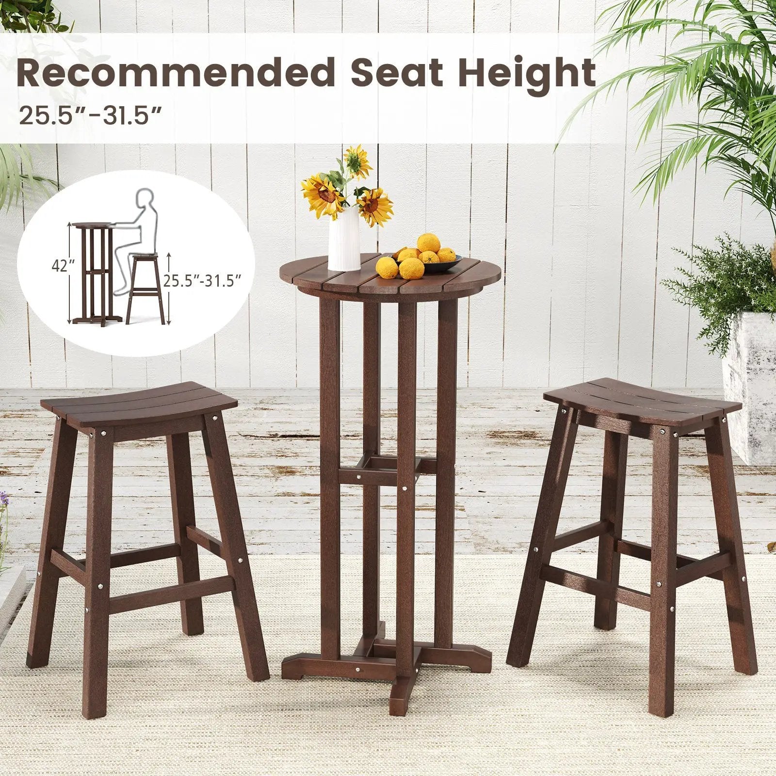 21.5 Inch Round Bar Table Patio HDPE Bar Height Dining Table with Slatted Tabletop by DirectDeals