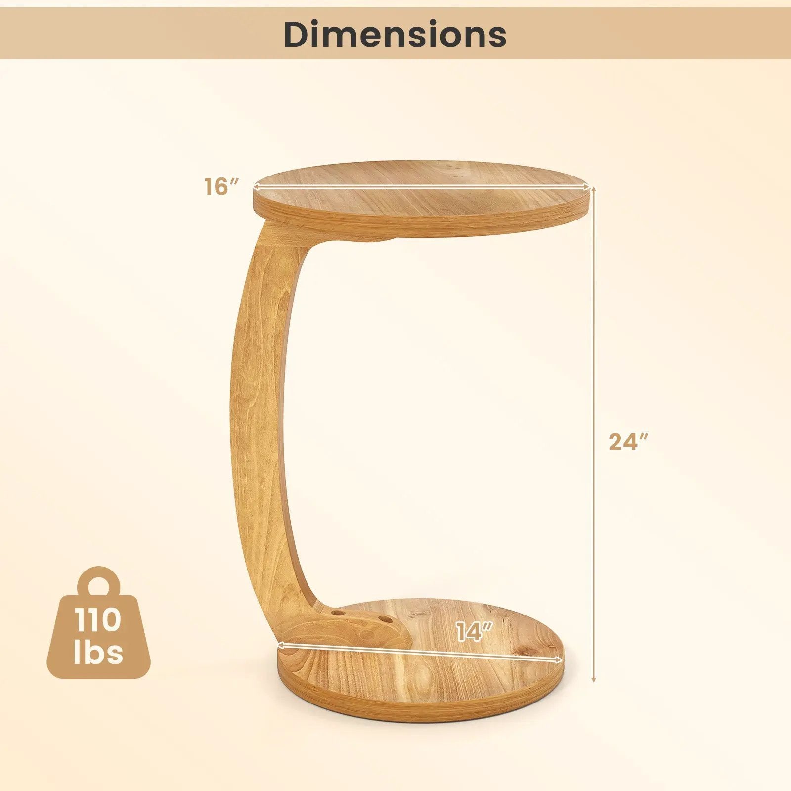 24 Inch Round C-shaped Side Table with Thickened Top and Sturdy Base by DirectDeals
