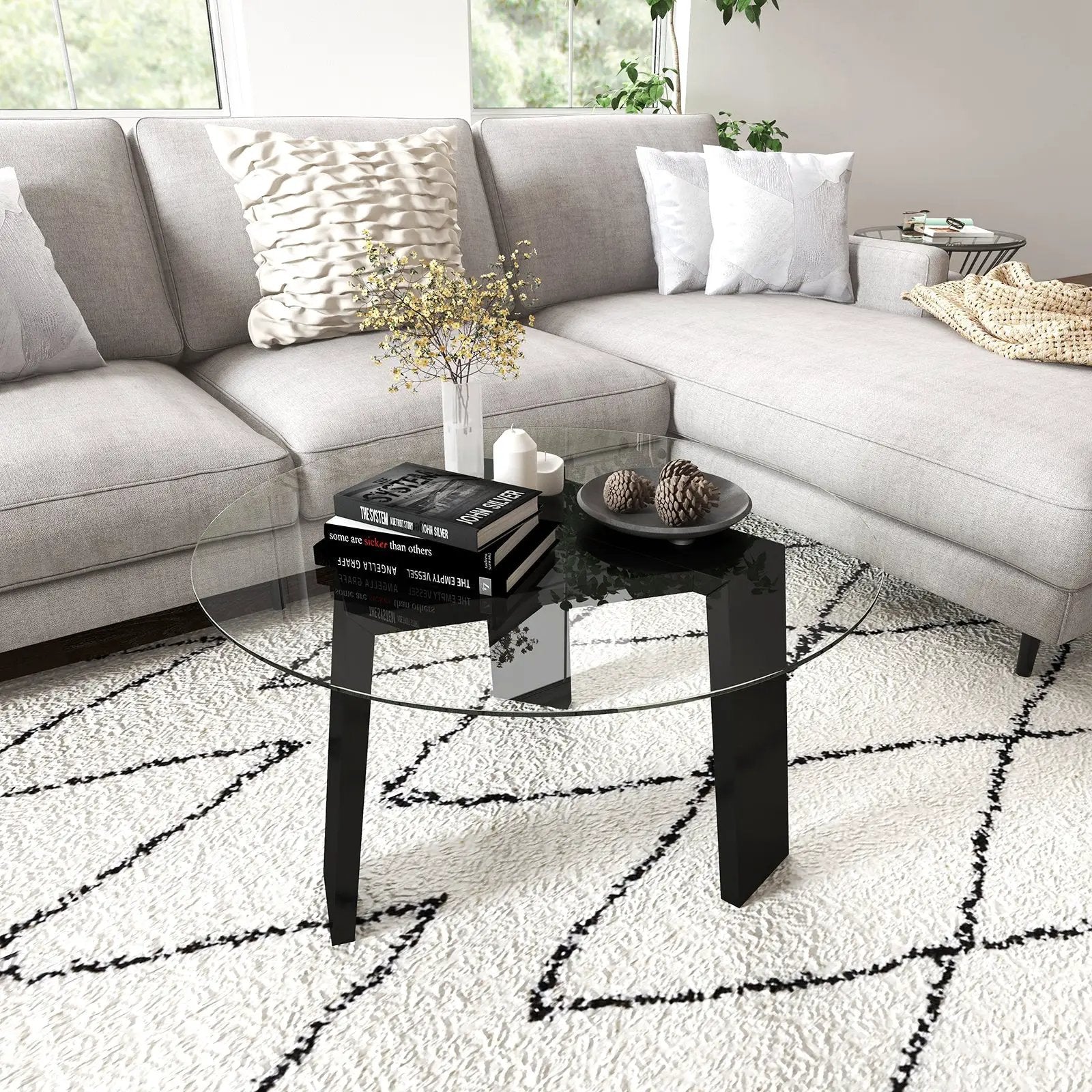 29.5 Inch Round Glass Coffee Table with Solid Rubber Wood Legs for Living Room Home Office Small Space-Black by DirectDeals