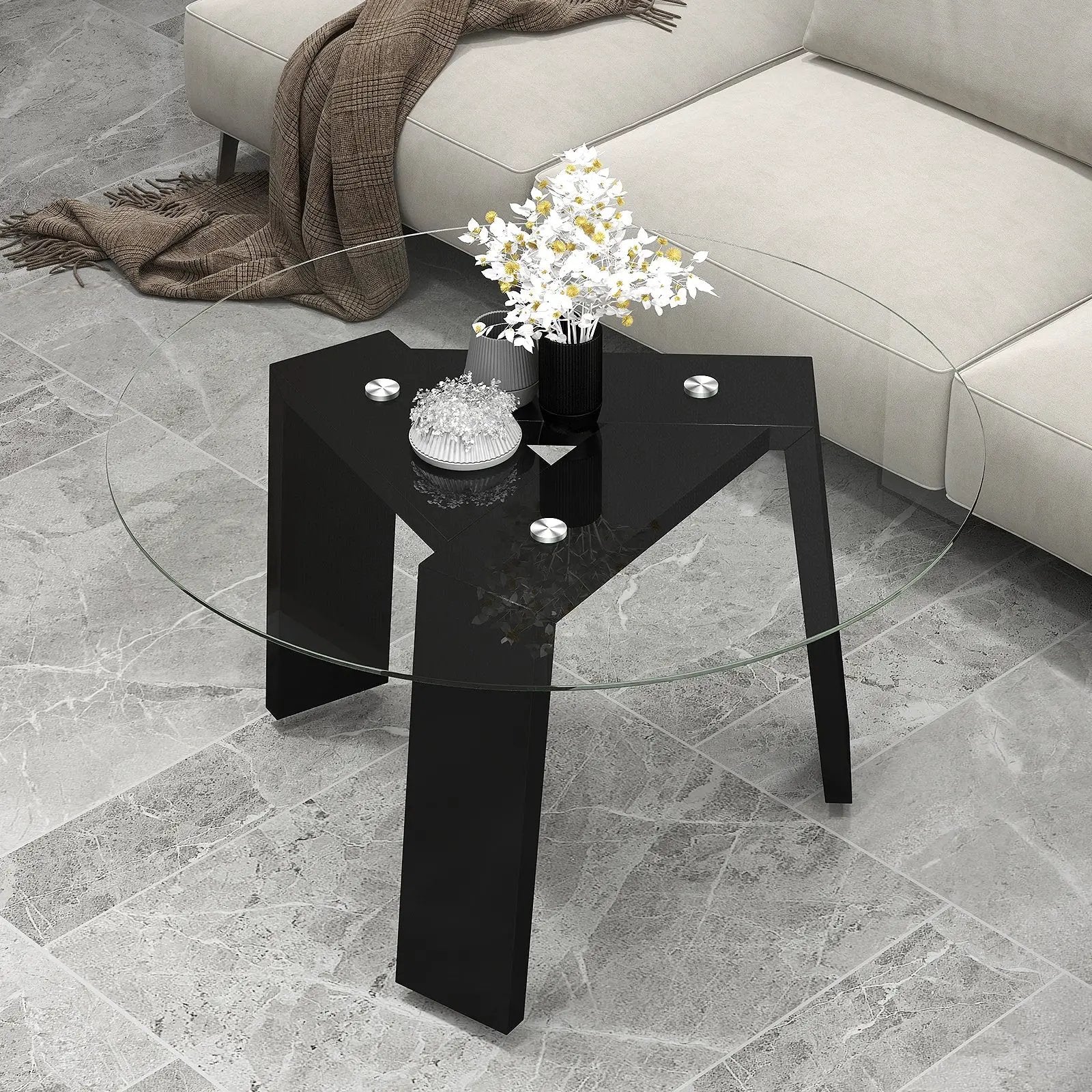 29.5 Inch Round Glass Coffee Table with Solid Rubber Wood Legs for Living Room Home Office Small Space-Black by DirectDeals