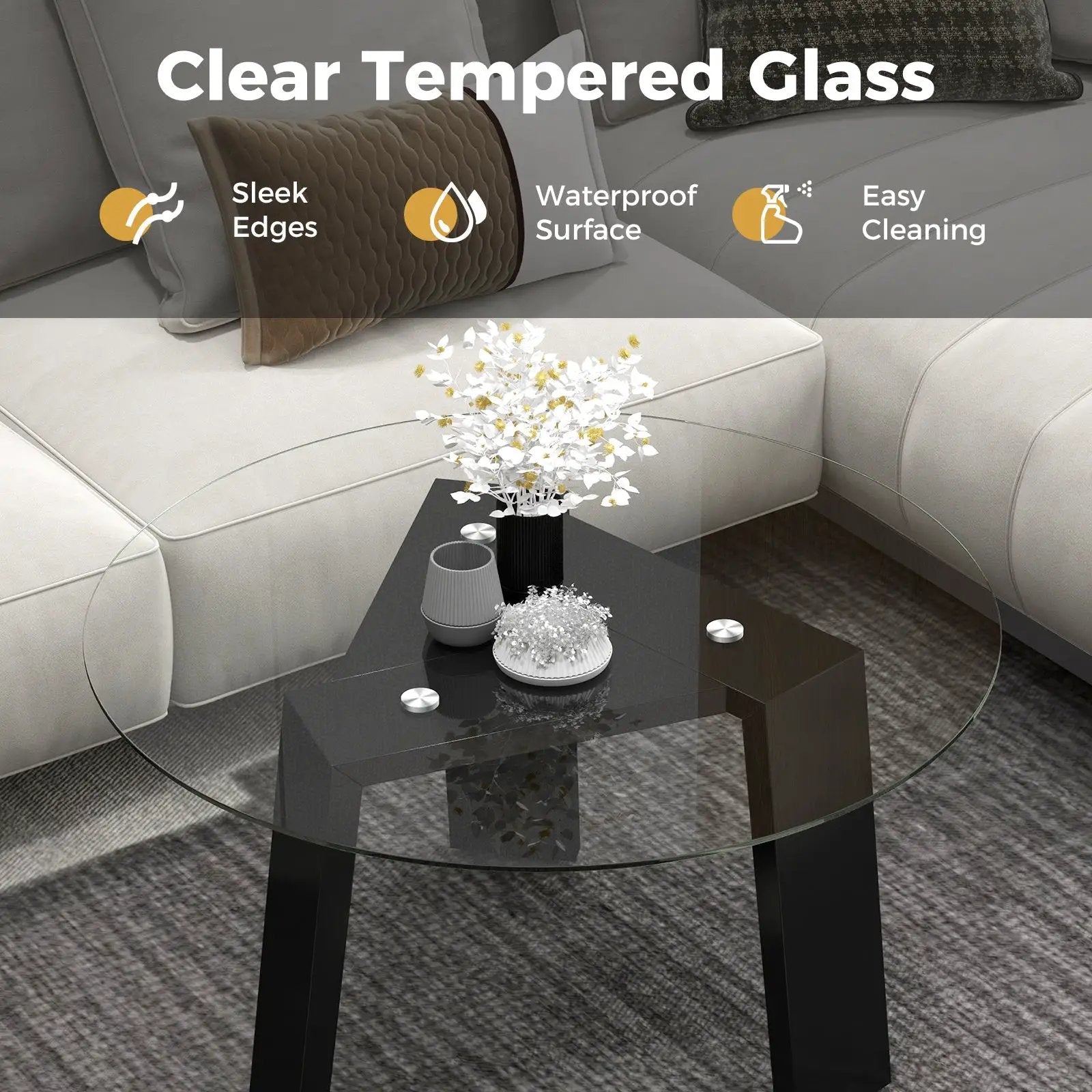 29.5 Inch Round Glass Coffee Table with Solid Rubber Wood Legs for Living Room Home Office Small Space-Black by DirectDeals