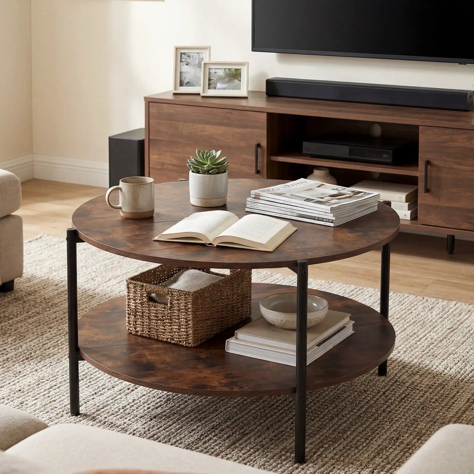 Round Coffee Table 2-Tier Industrial Accent Table with Open Storage Shelf-Rustic Brown by DirectDeals