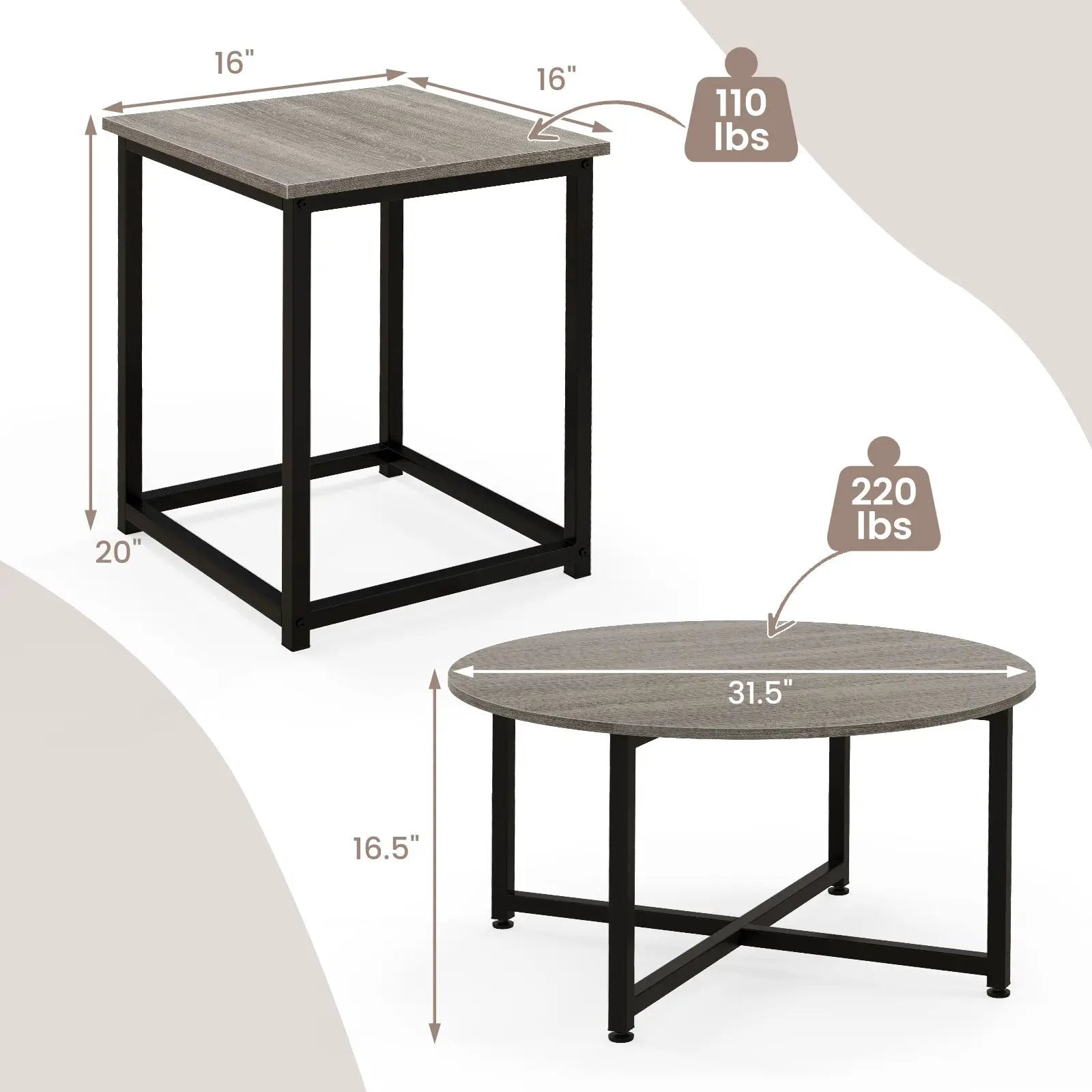 3-Piece Coffee Table Set Round Coffee Table and 2PCS Square End Tables by DirectDeals