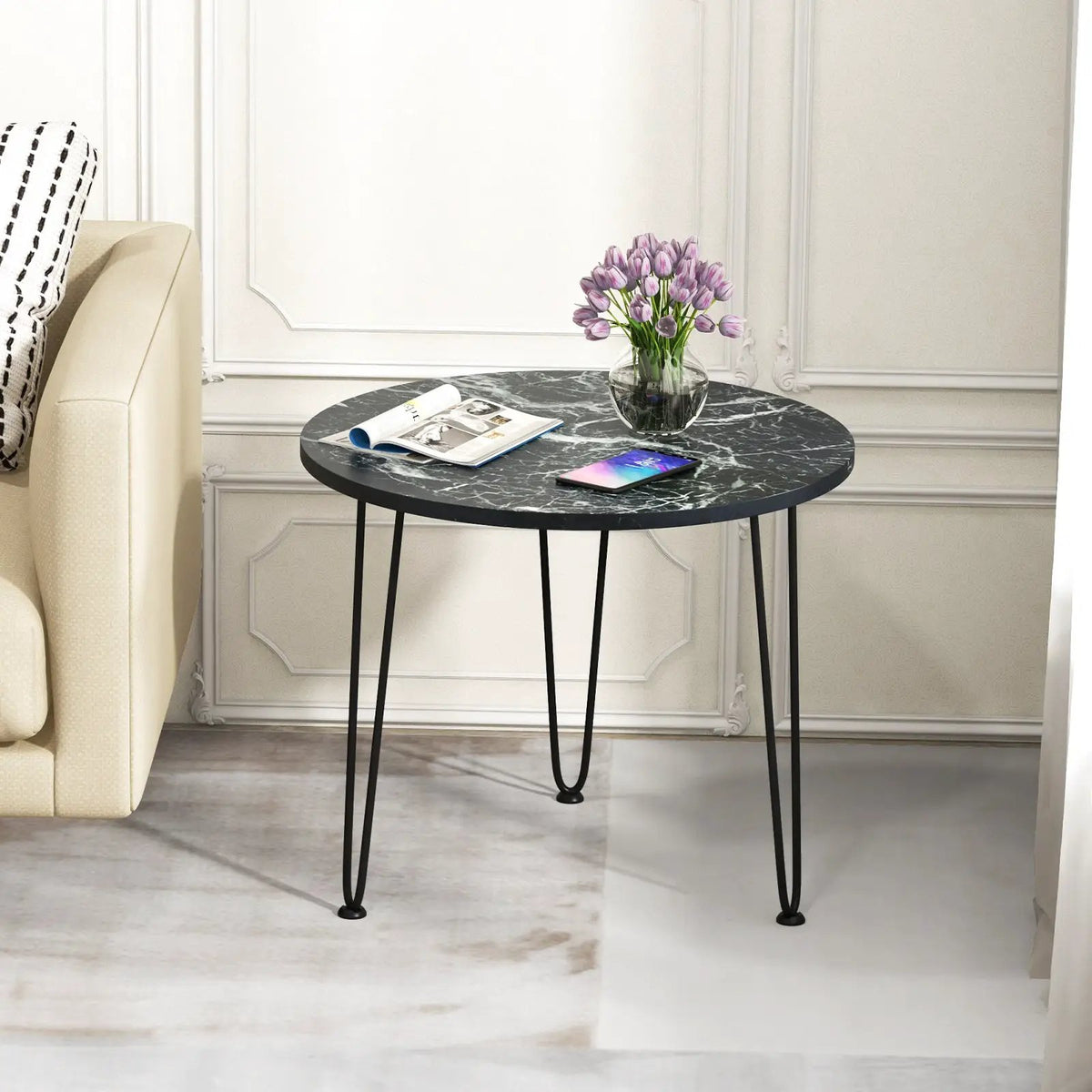 Round Coffee Table with Thickened Tabletop and Metal Tripod Legs by DirectDeals