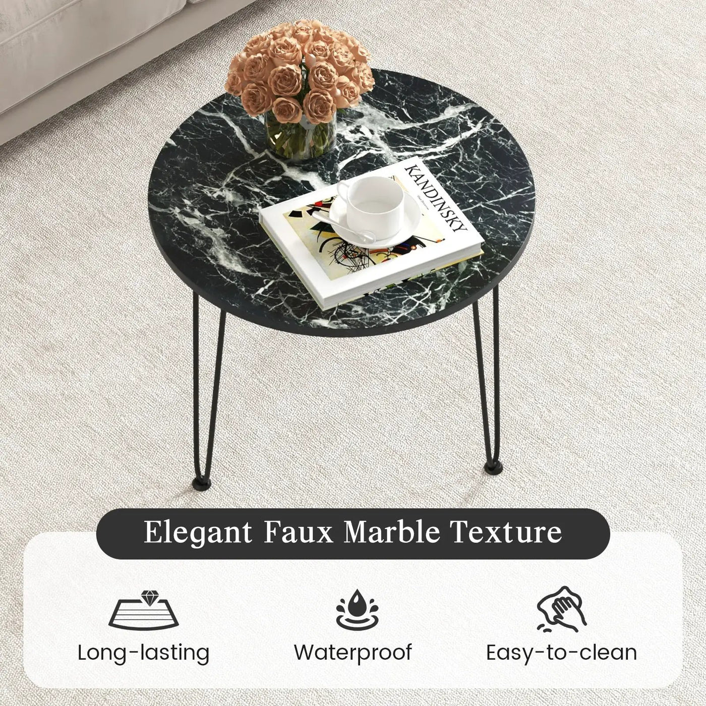 Round Coffee Table with Thickened Tabletop and Metal Tripod Legs by DirectDeals