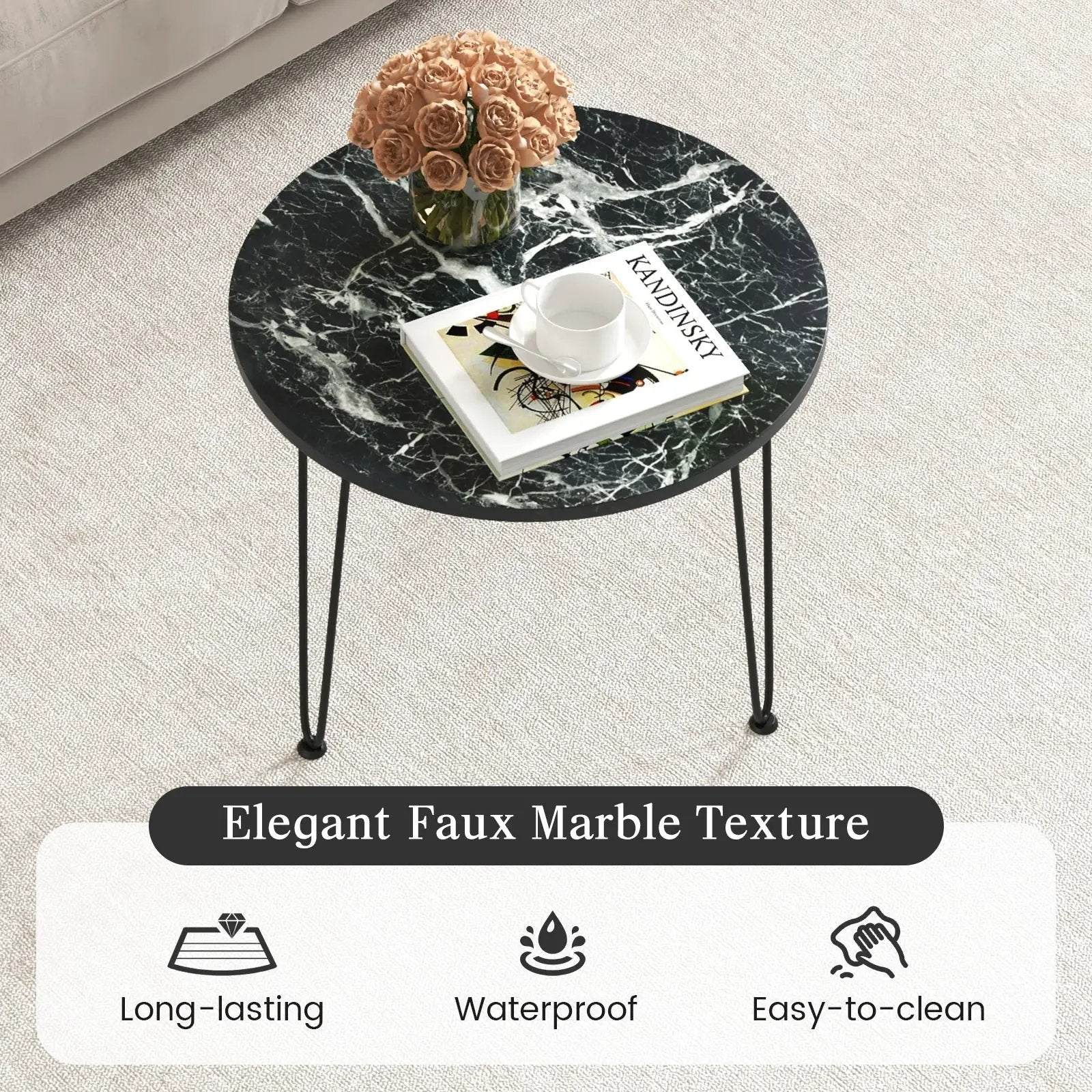 Round Coffee Table with Thickened Tabletop and Metal Tripod Legs by DirectDeals