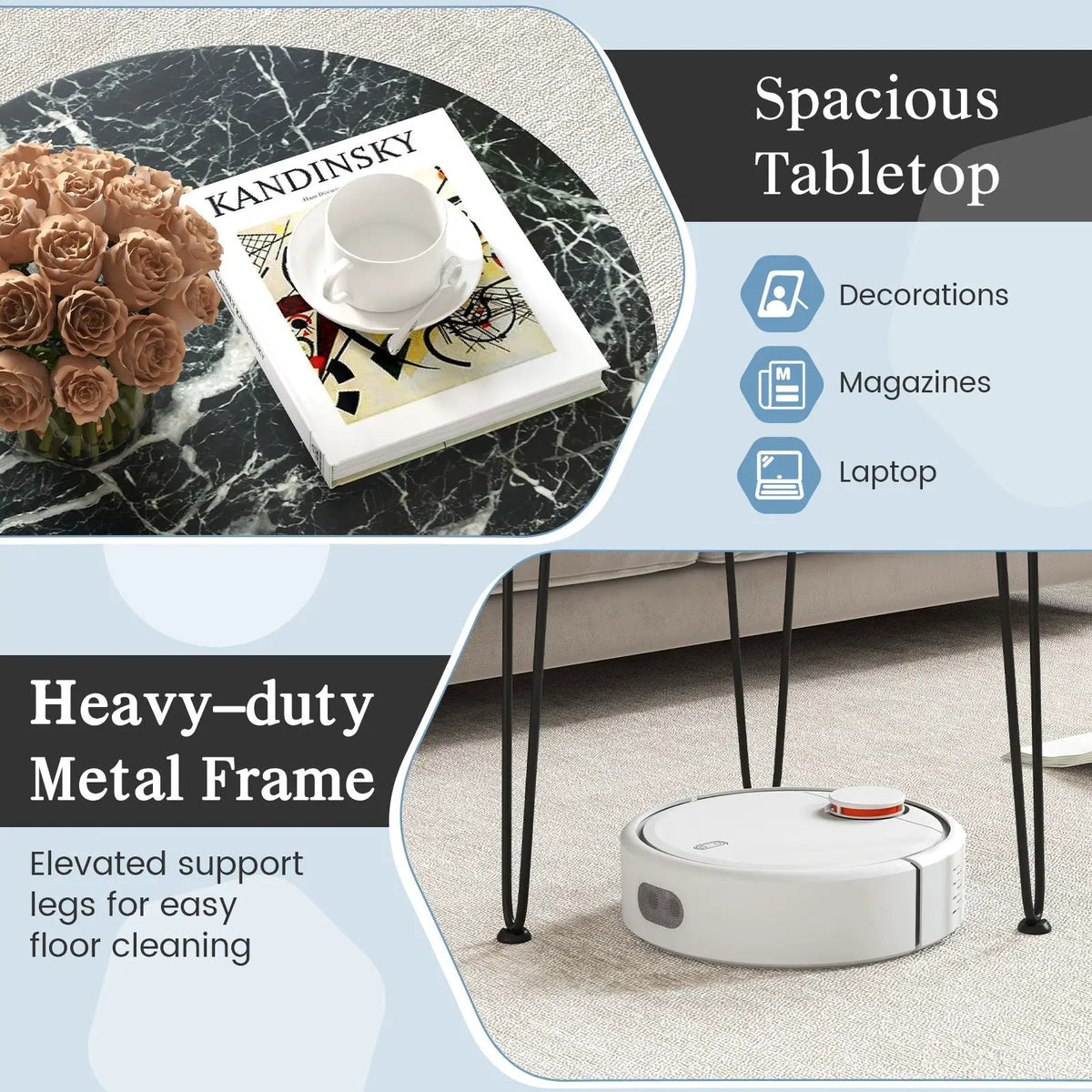Round Coffee Table with Thickened Tabletop and Metal Tripod Legs by DirectDeals