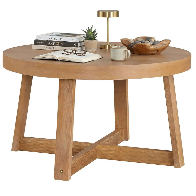Round Coffee Table for Living Room 30 inch Farmhouse Accent Table with Study Rubber Wood Legs-Yellow by DirectDeals