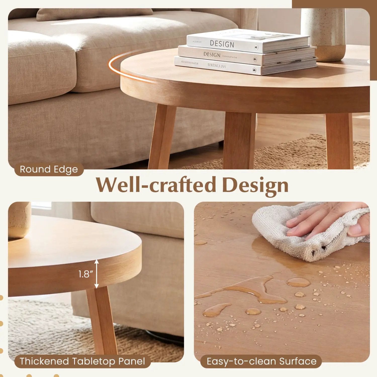 Round Coffee Table for Living Room 30 inch Farmhouse Accent Table with Study Rubber Wood Legs-Yellow by DirectDeals