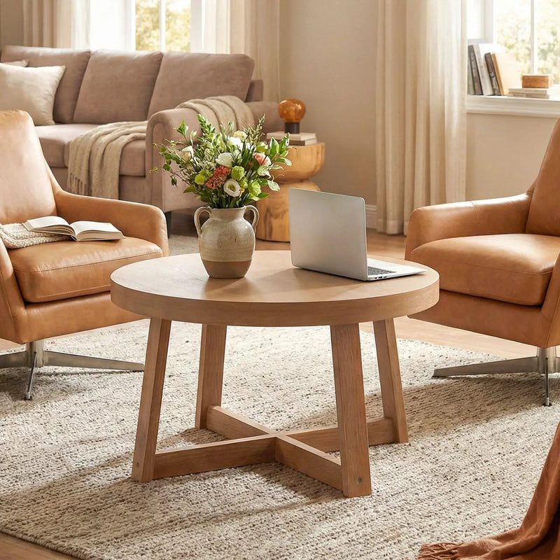 Round Coffee Table for Living Room 30 inch Farmhouse Accent Table with Study Rubber Wood Legs-Yellow by DirectDeals