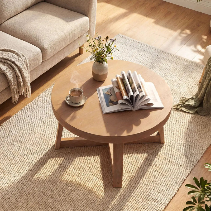 Round Coffee Table for Living Room 30 inch Farmhouse Accent Table with Study Rubber Wood Legs-Yellow by DirectDeals