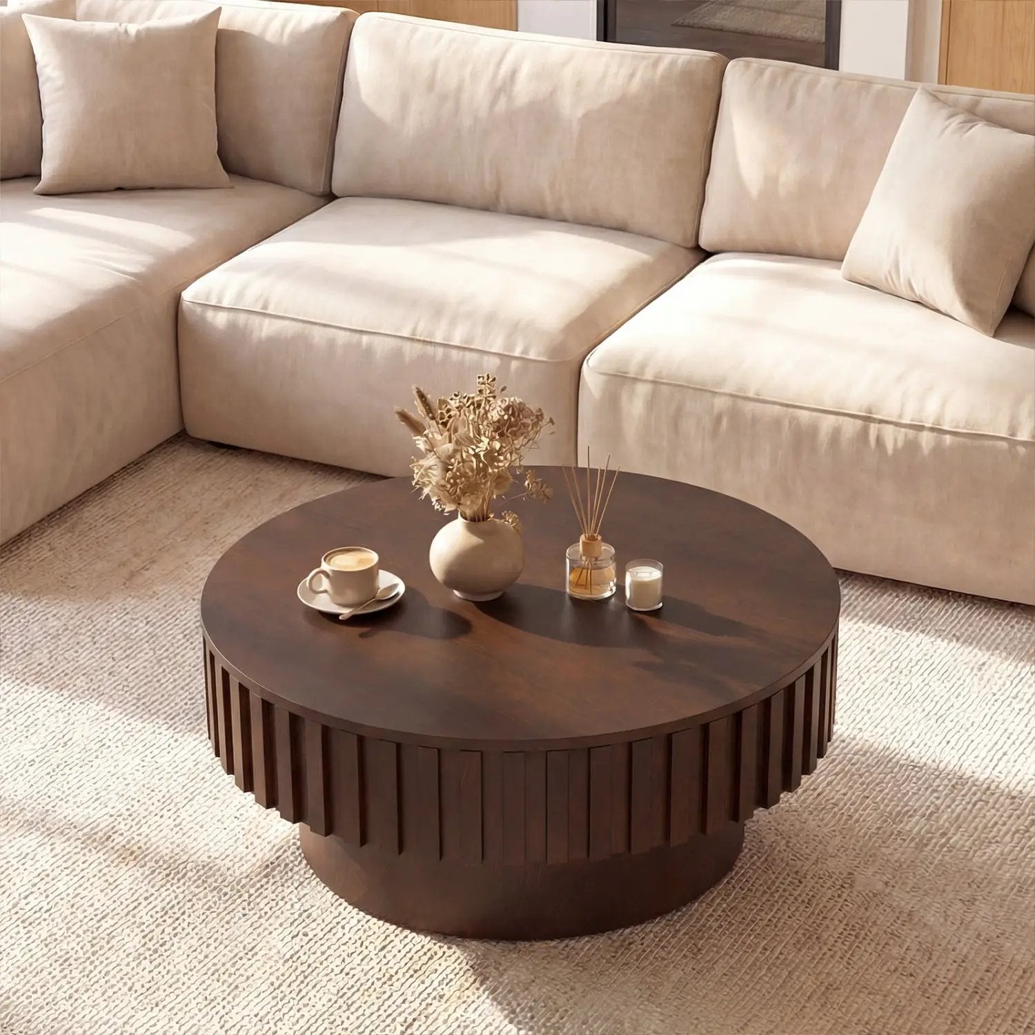 Round Coffee Table with Storage Modern Wooden Drum Coffee Table with Hidden Compartment by DirectDeals