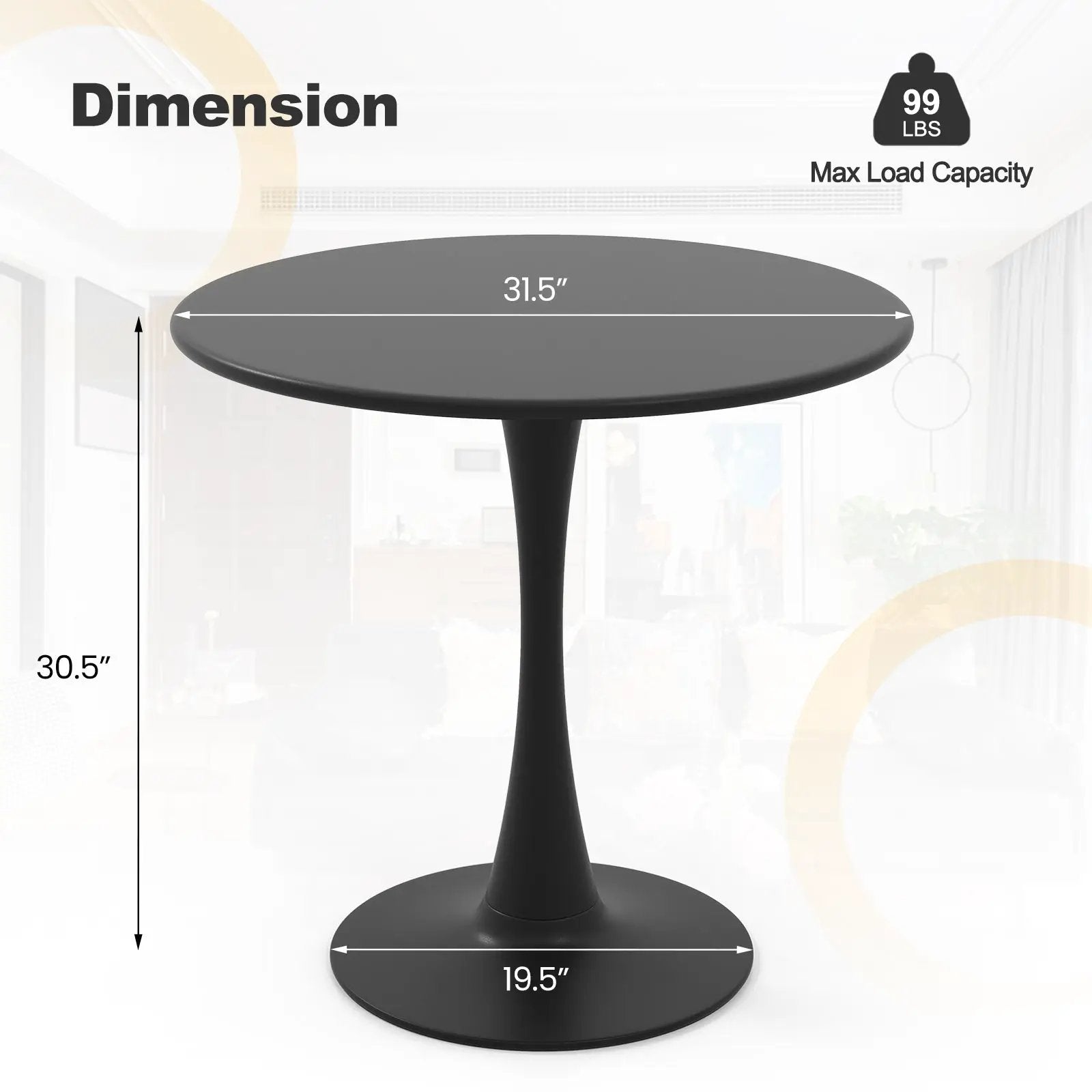 31.5 Inch Round Dining Table with Anti-Slip PP Ring-Black by DirectDeals