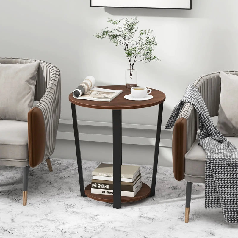 Round End Table with Open Shelf and Metal Frame-Walnut by DirectDeals