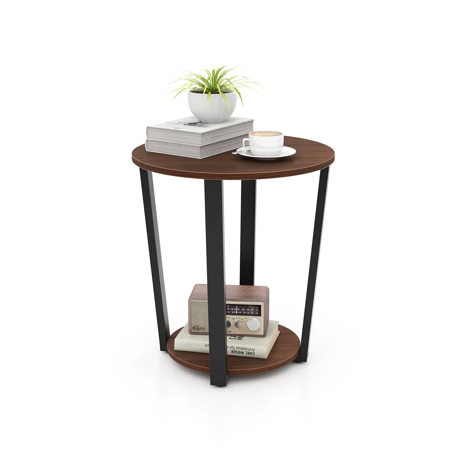 Round End Table with Open Shelf and Metal Frame-Walnut by DirectDeals