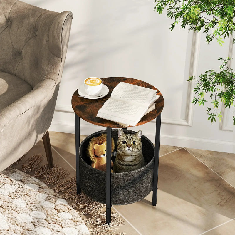 Round End Table 2-Tier Side Table with Removable Fabric Basket and Metal Frame by DirectDeals