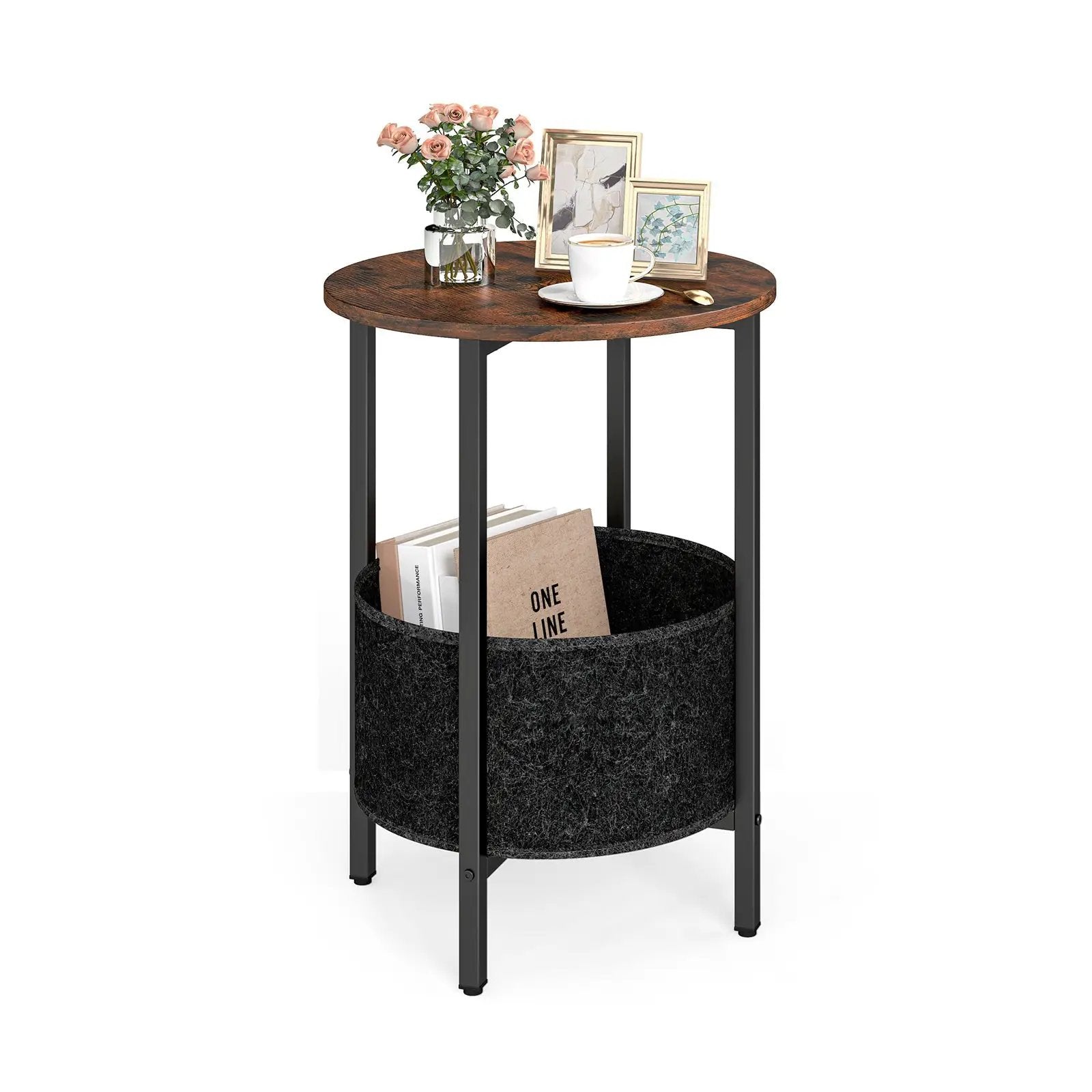 Round End Table 2-Tier Side Table with Removable Fabric Basket and Metal Frame by DirectDeals