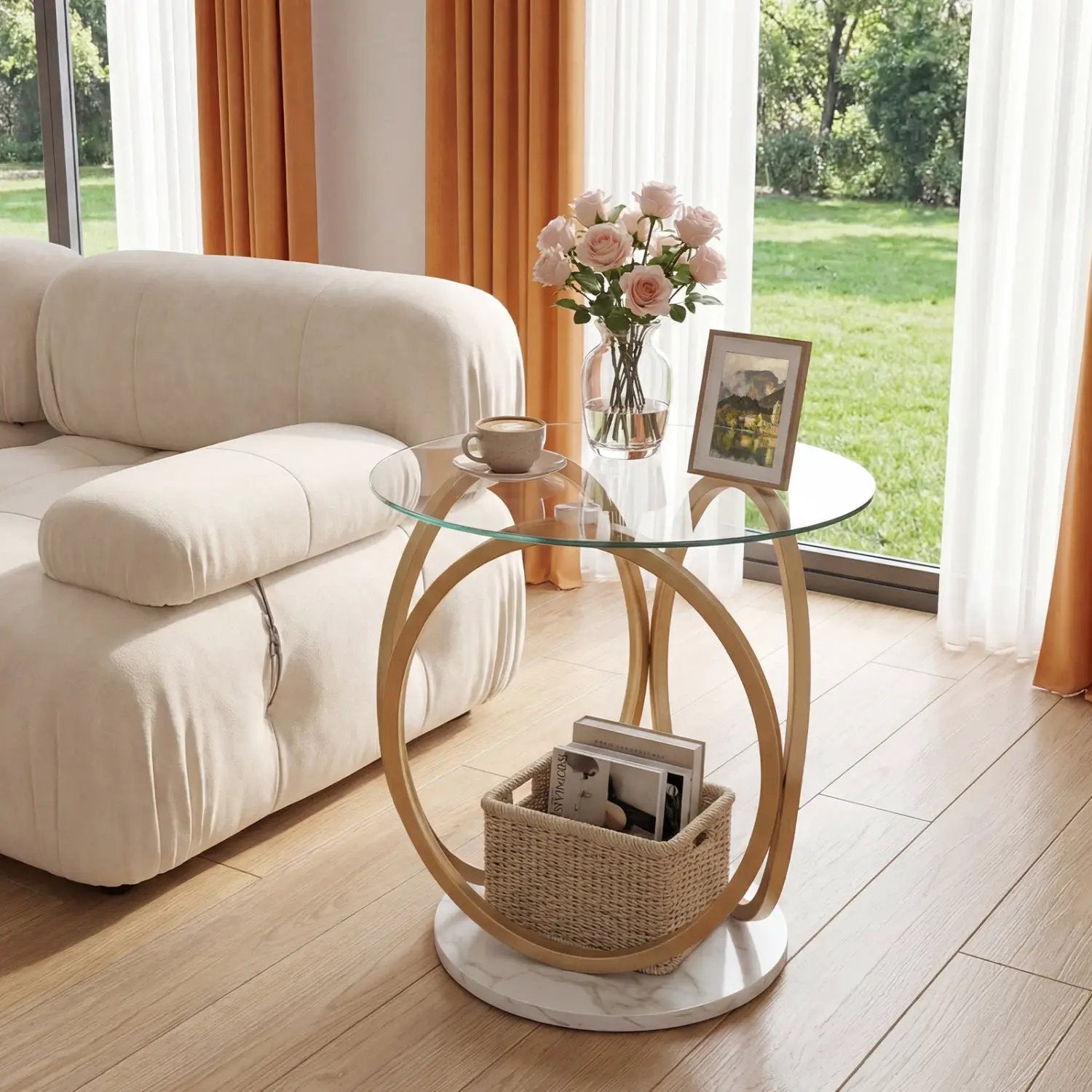 Round End Table Faux Marble Side Table with Tempered Glass Tabletop by DirectDeals