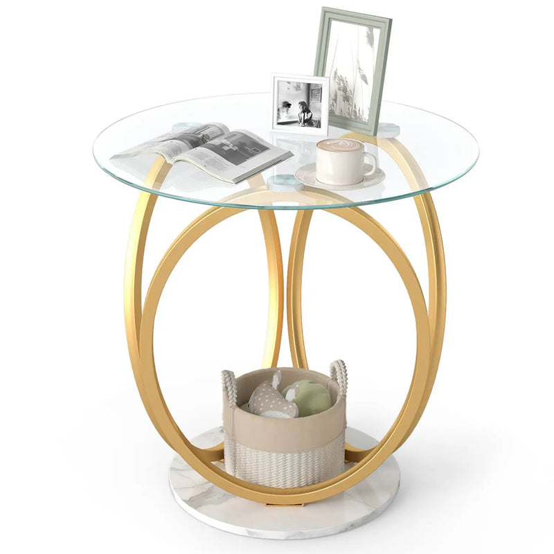 Round End Table Faux Marble Side Table with Tempered Glass Tabletop by DirectDeals