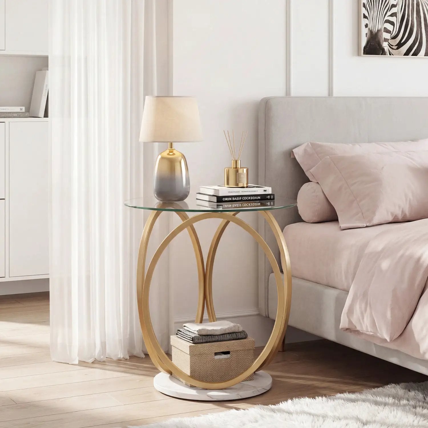 Round End Table Faux Marble Side Table with Tempered Glass Tabletop by DirectDeals