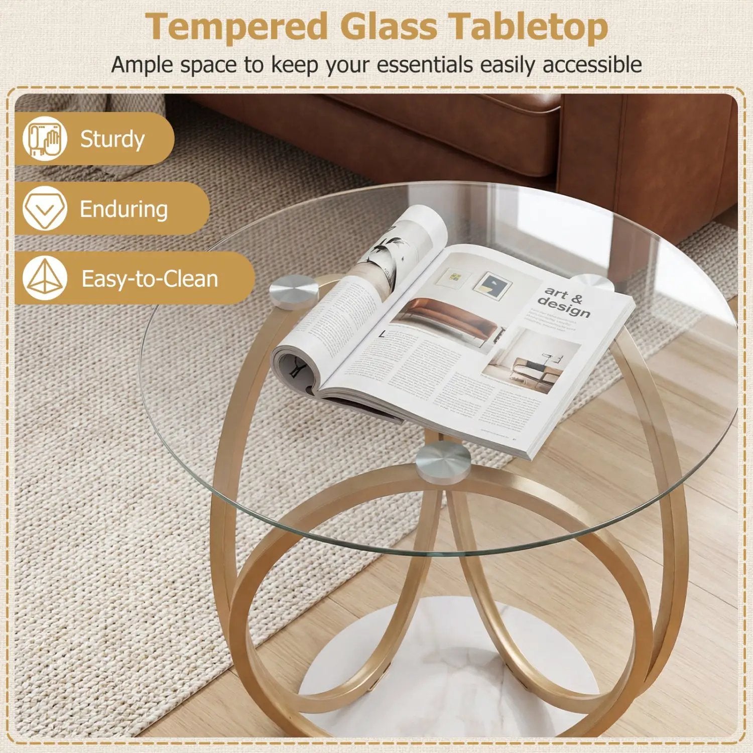Round End Table Faux Marble Side Table with Tempered Glass Tabletop by DirectDeals