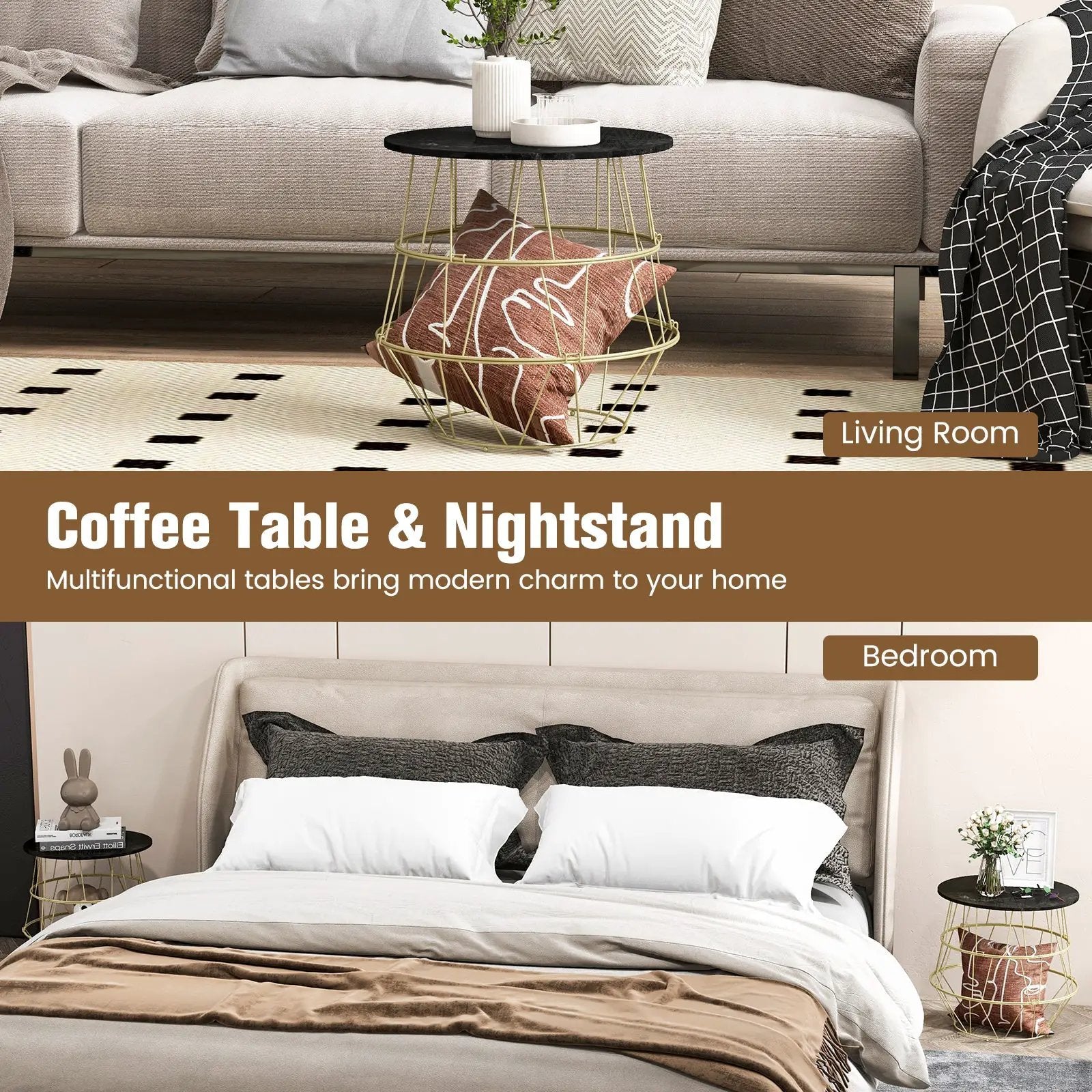 Round Metal Frame End Table with Removable Top-Golden by DirectDeals