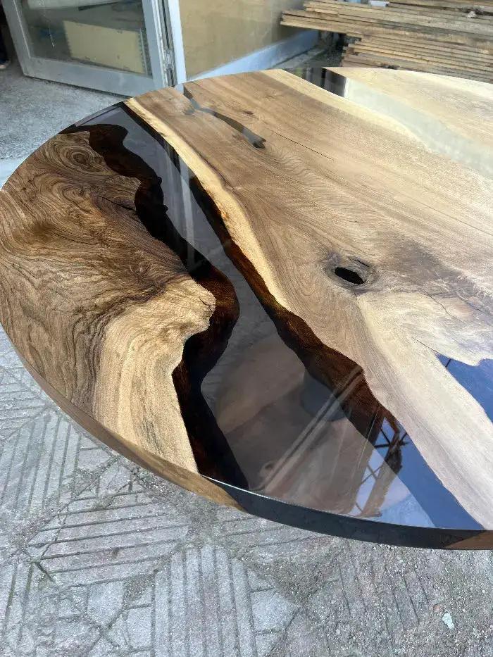 Custom Round Epoxy Resin Walnut Dining - Kitchen Table With Wood Base by Gizz