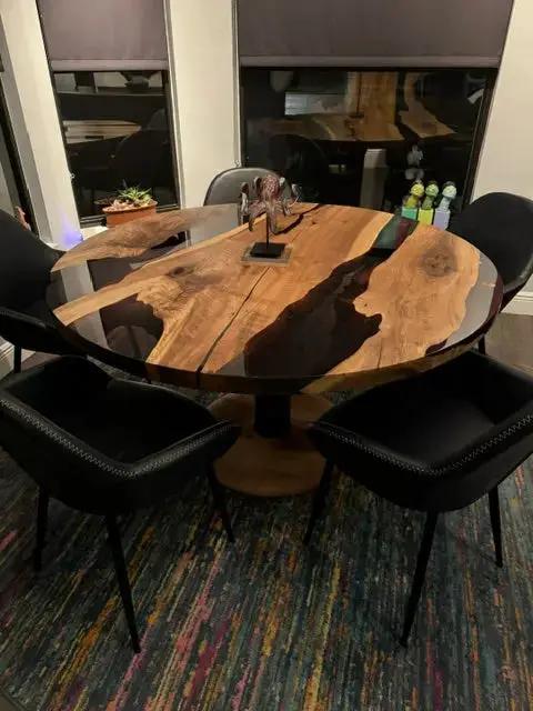 Custom Round Epoxy Resin Walnut Dining - Kitchen Table With Wood Base by Gizz