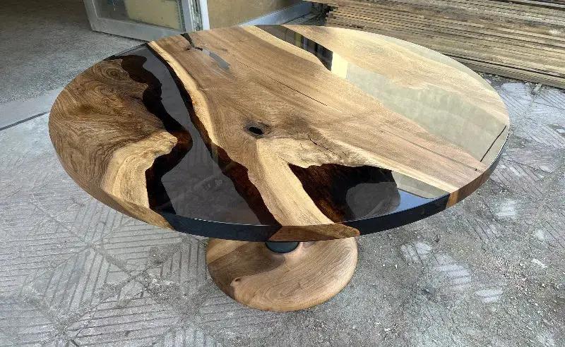 Custom Round Epoxy Resin Walnut Dining - Kitchen Table With Wood Base by Gizz