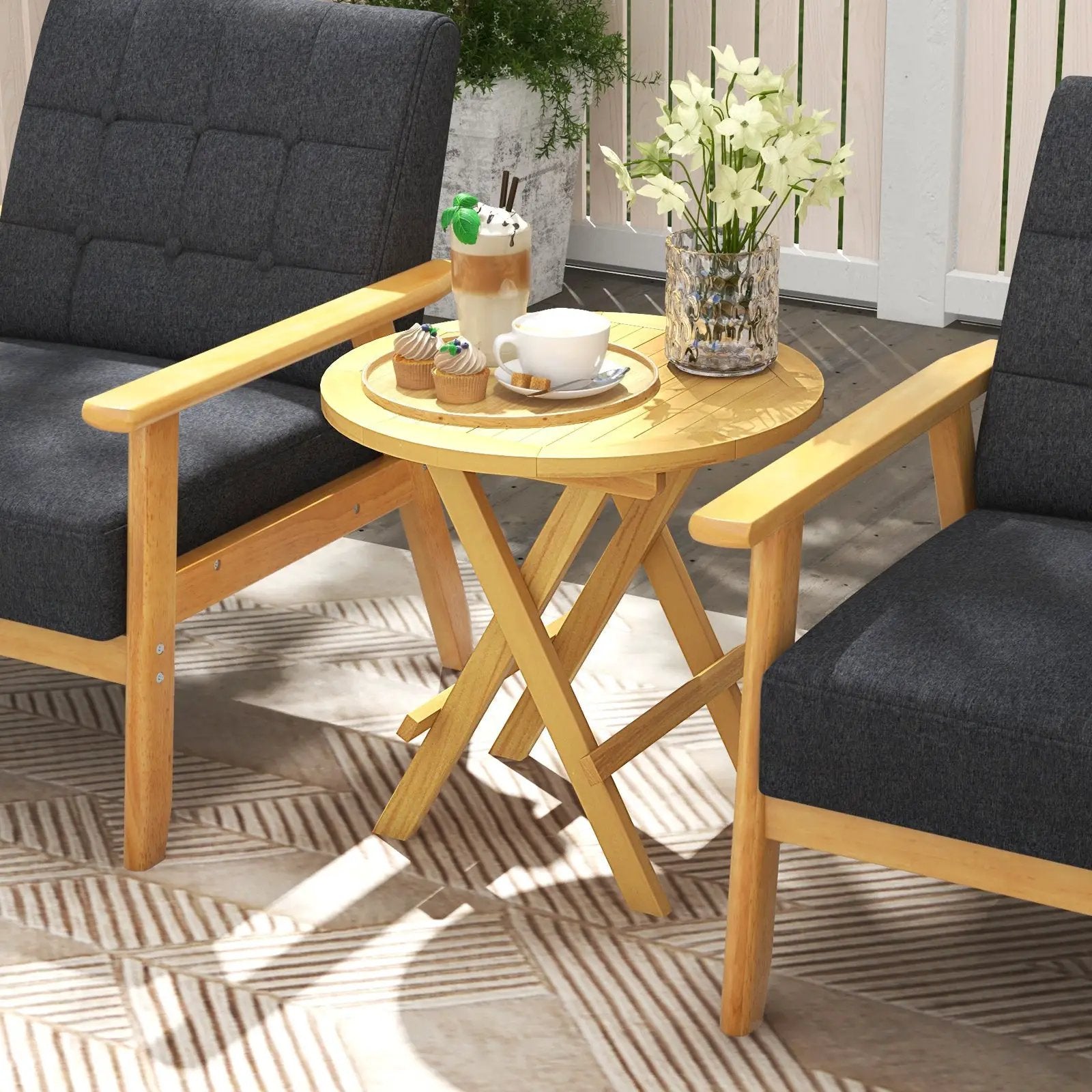 Portable and Compact Outdoor End Table with X-shaped Legs and Slatted Tabletop by DirectDeals