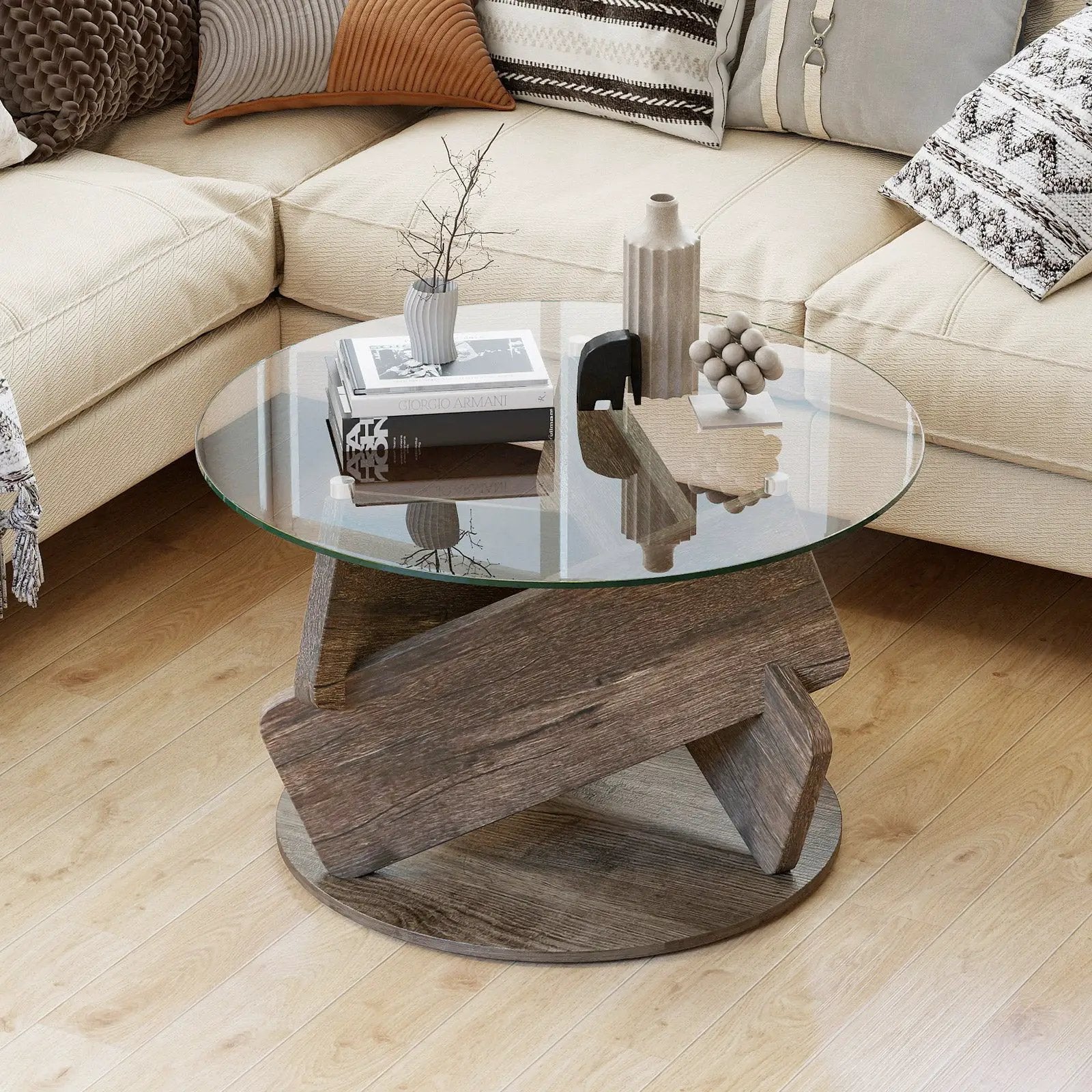 Round Glass Coffee Table 32 Inch Modern Center Table with Tempered Glass Top-Gray by DirectDeals