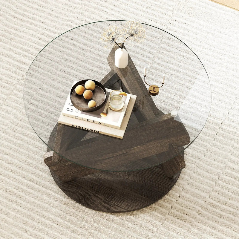 Round Glass Coffee Table 32 Inch Modern Center Table with Tempered Glass Top-Gray by DirectDeals