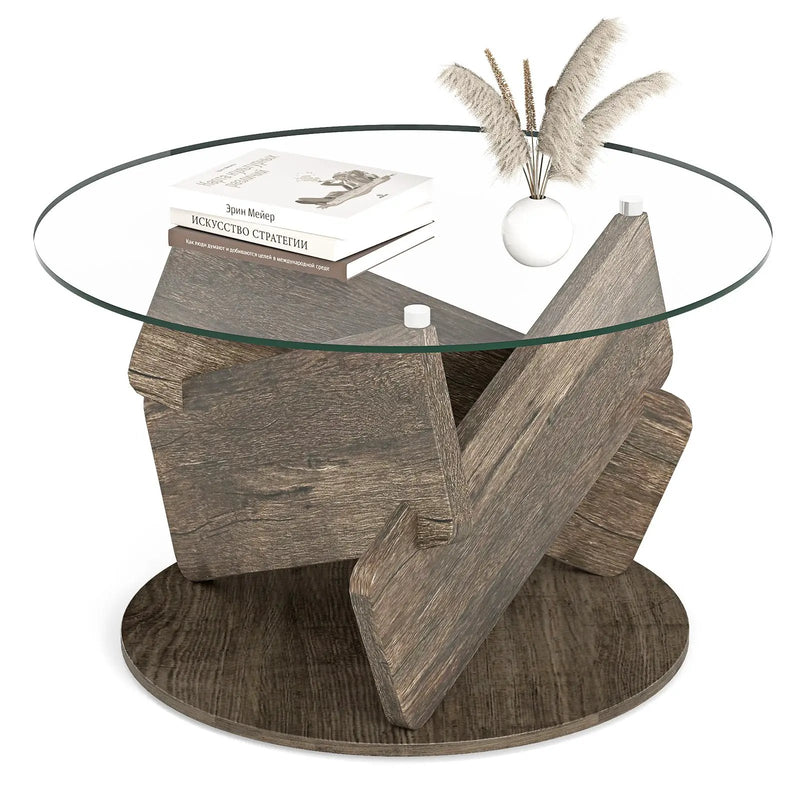 Round Glass Coffee Table 32 Inch Modern Center Table with Tempered Glass Top-Gray by DirectDeals