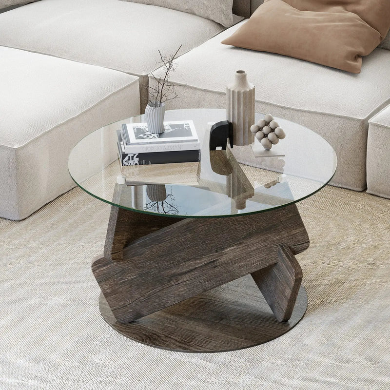 Round Glass Coffee Table 32 Inch Modern Center Table with Tempered Glass Top-Gray by DirectDeals