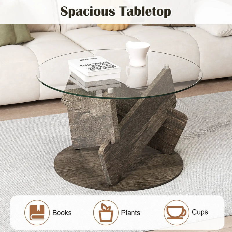 Round Glass Coffee Table 32 Inch Modern Center Table with Tempered Glass Top-Gray by DirectDeals