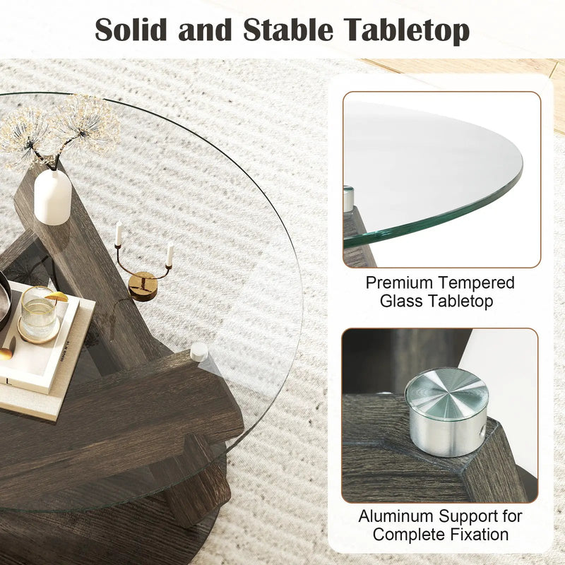 Round Glass Coffee Table 32 Inch Modern Center Table with Tempered Glass Top-Gray by DirectDeals