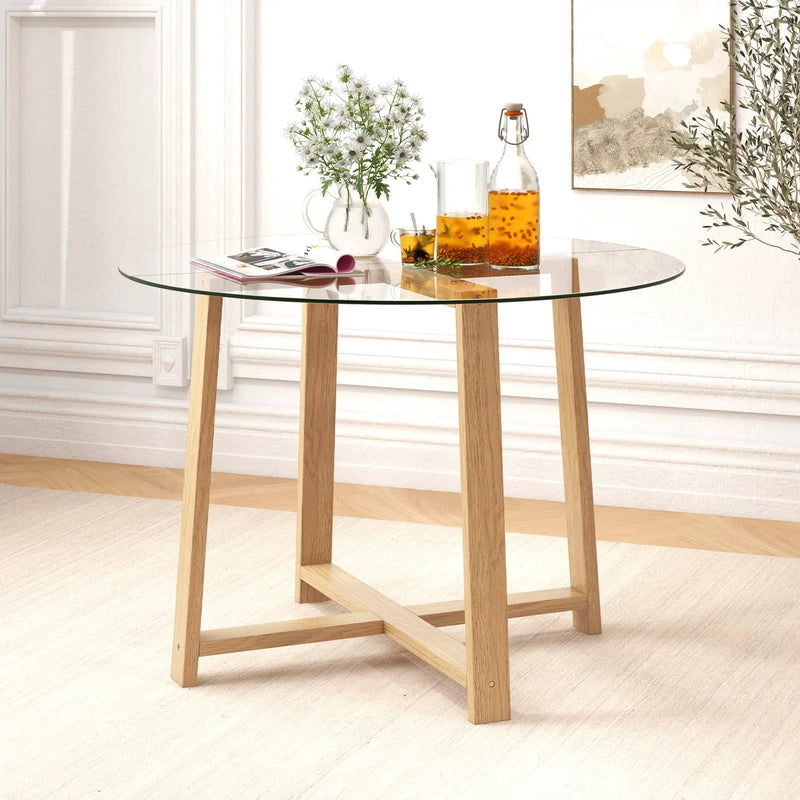 42 Inches Round Glass Dining Table with Tempered Glass Tabletop and Rubber Wood Legs-Natural by DirectDeals