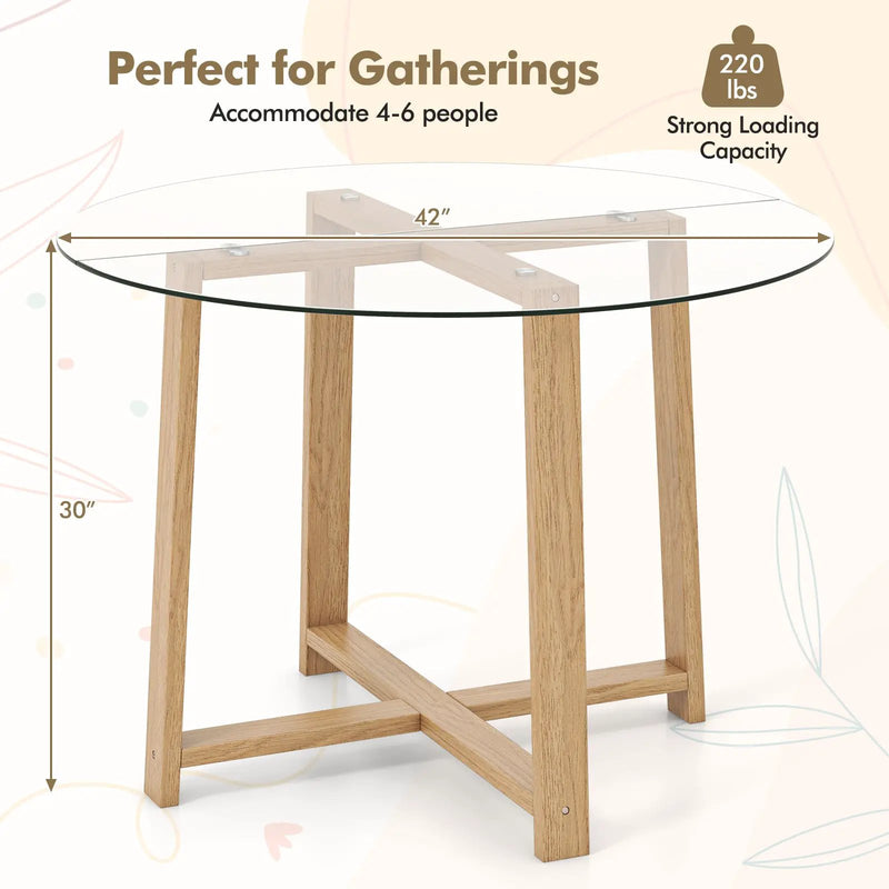 42 Inches Round Glass Dining Table with Tempered Glass Tabletop and Rubber Wood Legs-Natural by DirectDeals