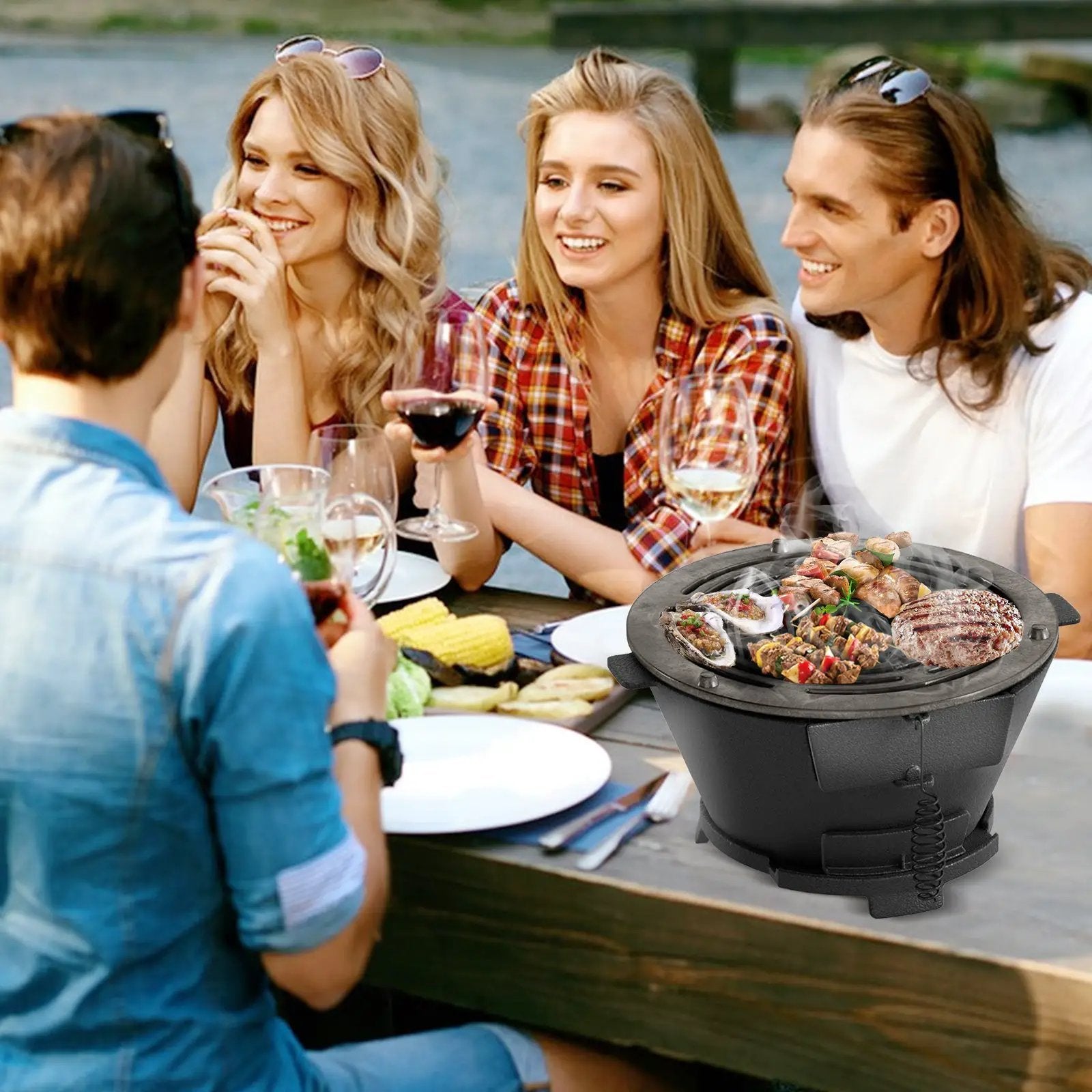 Round Hibachi Grill Outdoor Portable Charcoal Stove with 12 Inch Double-Sided Grate-Black by DirectDeals