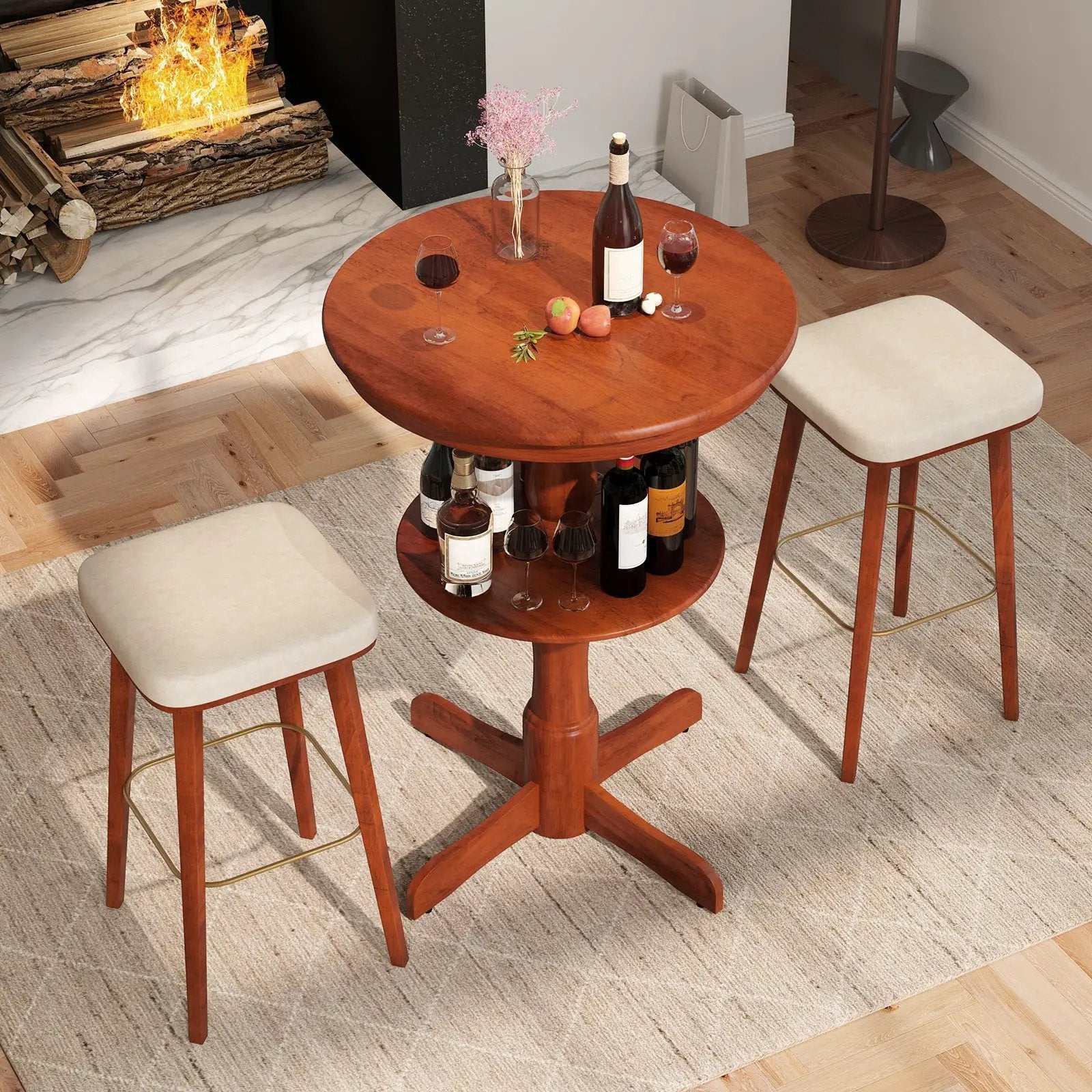 2-Tier Round High Top Bar Table with Storage Shelf and Pedestal Base-Espresso by DirectDeals