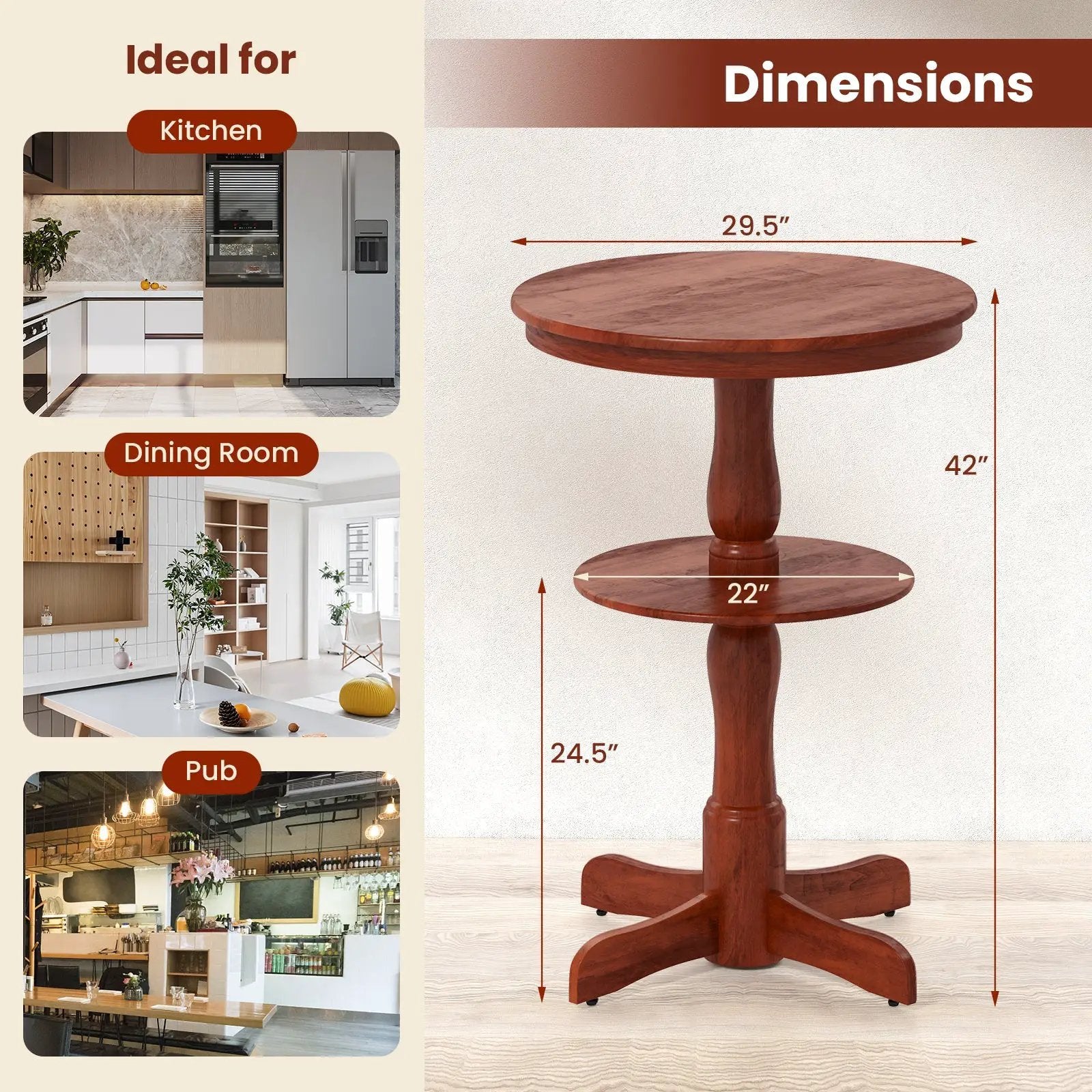 2-Tier Round High Top Bar Table with Storage Shelf and Pedestal Base-Espresso by DirectDeals