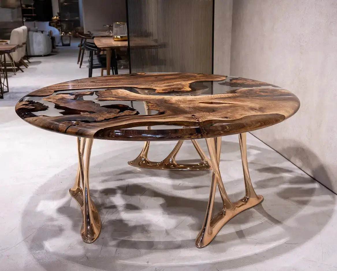 Luxury Round Walnut Dining Table with Rose Gold Aluminum Legs by Gizz