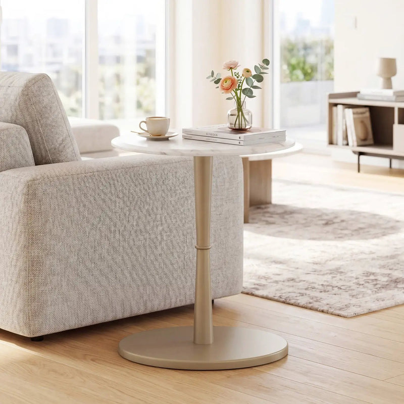 Round Marble Side Table with Stone Finish and Wooden Base for Small Spaces by DirectDeals