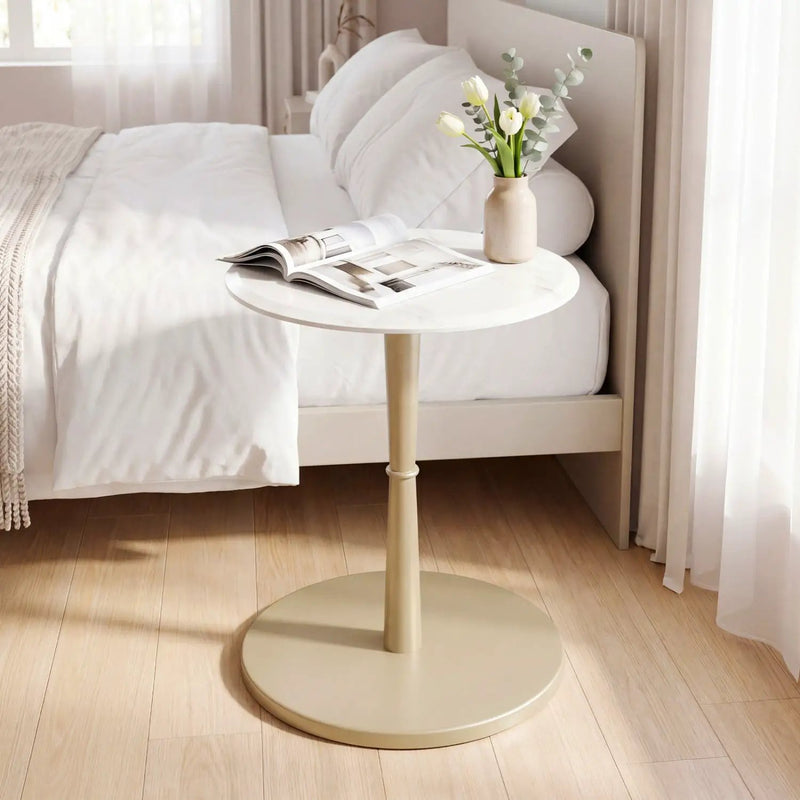 Round Marble Side Table with Stone Finish and Wooden Base for Small Spaces by DirectDeals