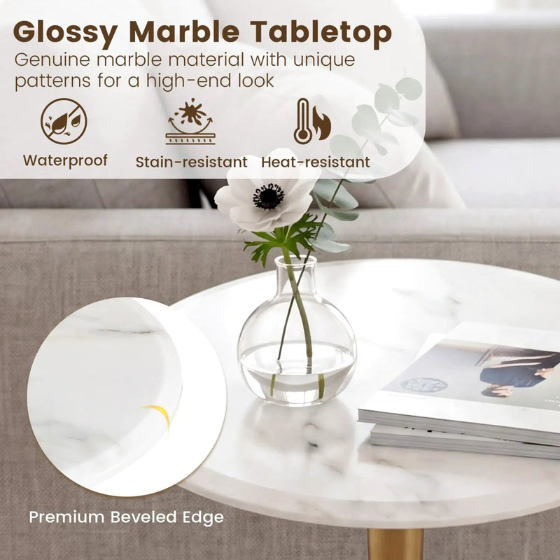 Round Marble Side Table with Stone Finish and Wooden Base for Small Spaces by DirectDeals
