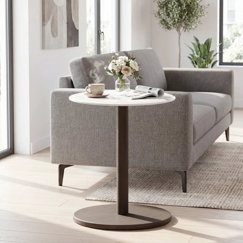 Round Marble Side Table Pedestal End Table with Stone Finish and Wooden by DirectDeals
