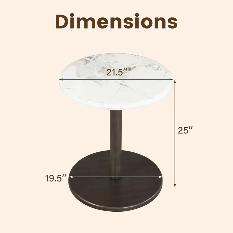 Round Marble Side Table Pedestal End Table with Stone Finish and Wooden by DirectDeals