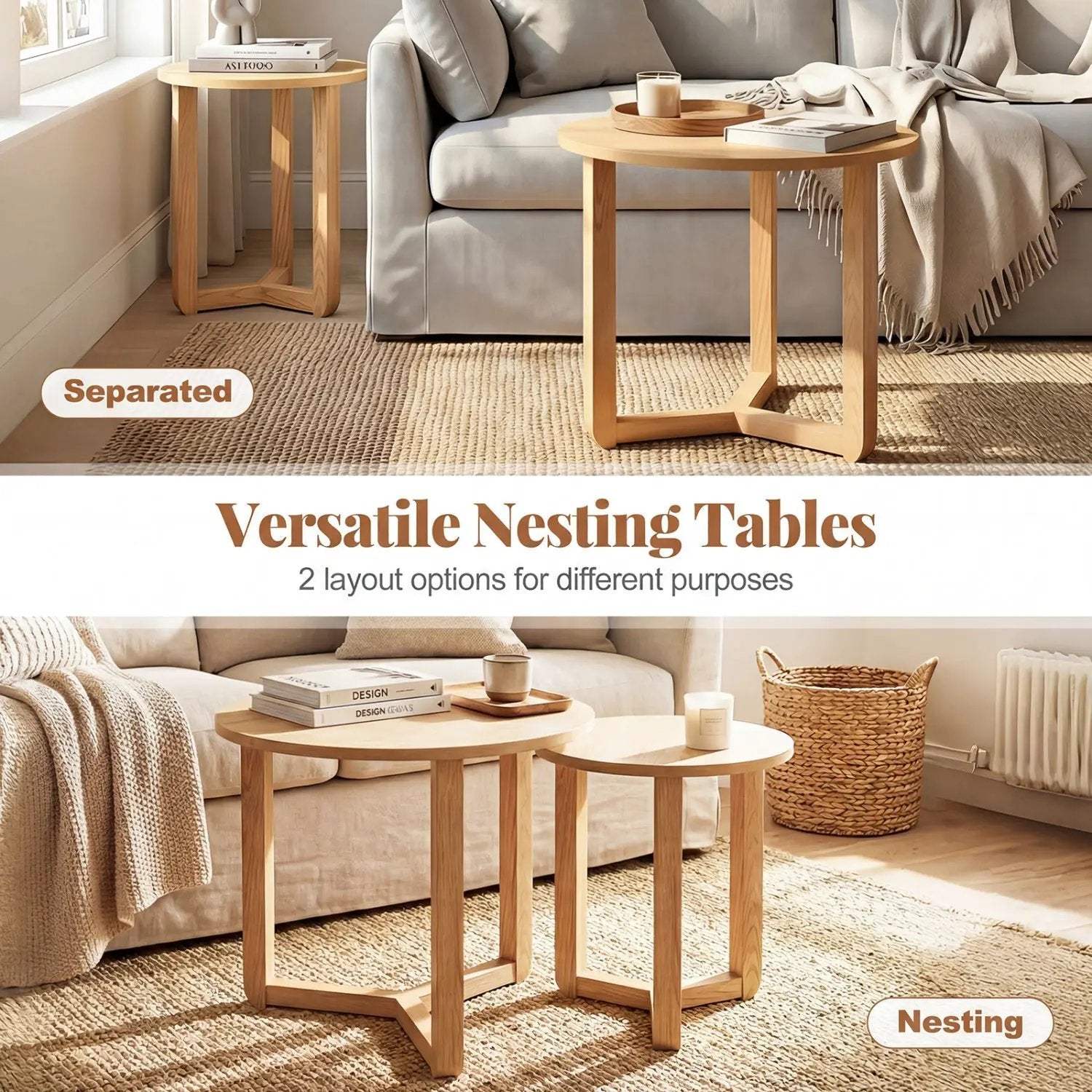 Round Nesting Coffee Table Set of 2 Wood Nesting End Tables with Thickened Top by DirectDeals